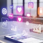 A smartphone on a desk with various social media icons like hearts, chat bubbles, and graphs floating above it, representing the digital world of social media and its analytics.