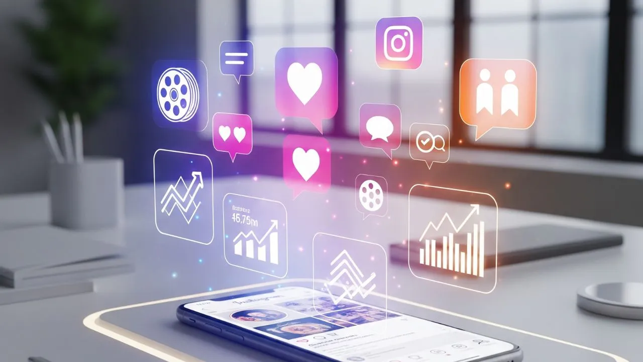 A smartphone on a desk with various social media icons like hearts, chat bubbles, and graphs floating above it, representing the digital world of social media and its analytics.