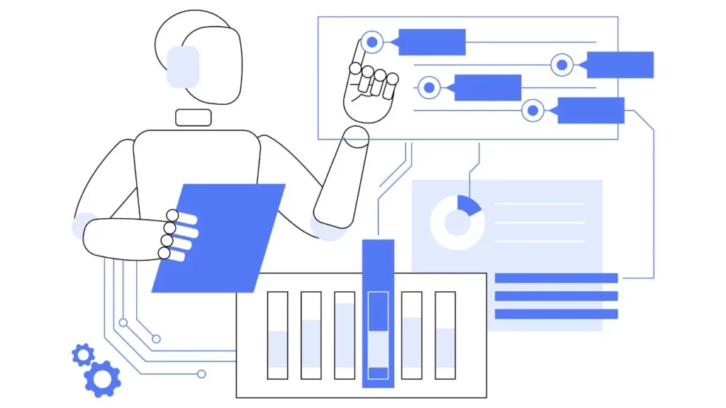 A black and white illustration of a robot interacting with data and charts, symbolizing automation and analysis.