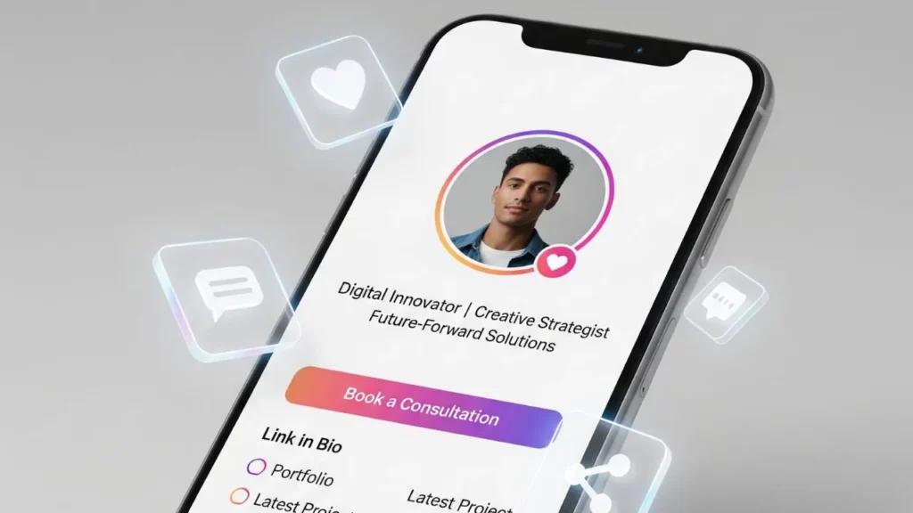 A close-up of a smartphone screen showing an Instagram profile with a user's picture, bio, and a "Book a Consultation" button, highlighting personal branding.