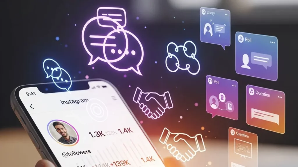 A hand holding a smartphone displaying an Instagram feed, with various icons like chat bubbles, a handshake, and polls floating around it, representing social media engagement and features.