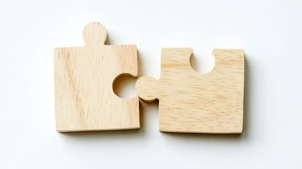 Two wooden jigsaw puzzle pieces, one with a male end and the other with a female end, sitting next to each other on a white background, symbolizing a partnership or connection.