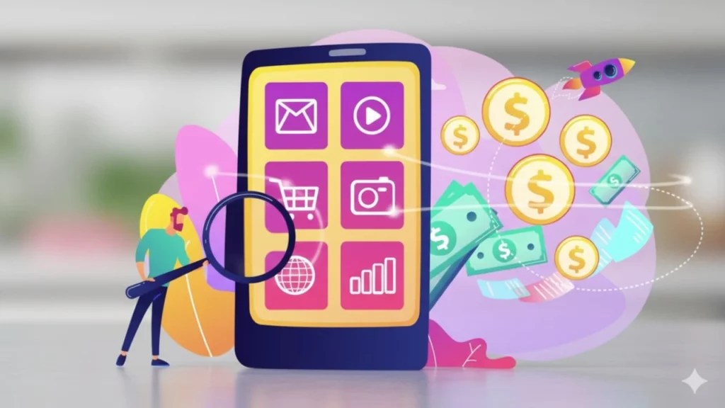 A cartoon illustration of a person with a magnifying glass looking at a giant smartphone with app icons, while money and a rocket fly around it, symbolizing mobile marketing and business growth.