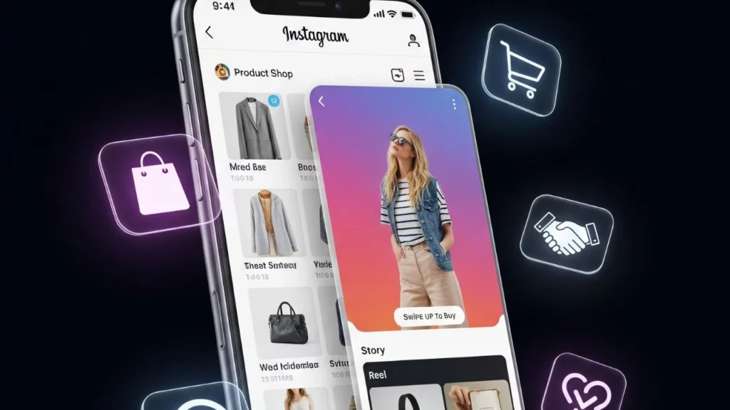 A smartphone screen showing an Instagram shopping product page and a Story or Reel, with shopping cart and shopping bag icons floating around it, representing social commerce and mobile shopping.