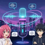 Anime characters with a microphone and sound waves in a cityscape.