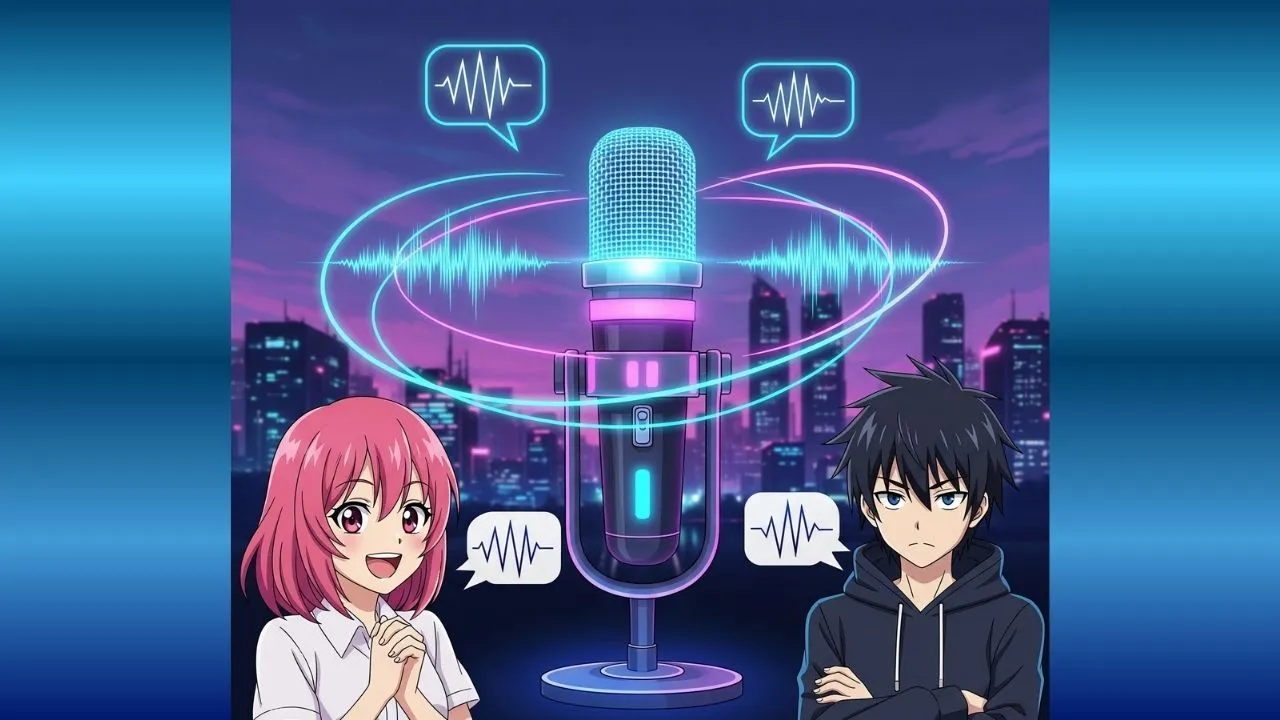 Anime characters with a microphone and sound waves in a cityscape.