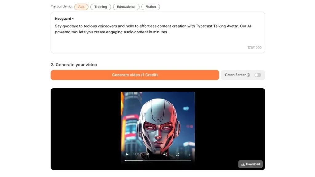 Interface showing a video generation option with a cyberpunk avatar.