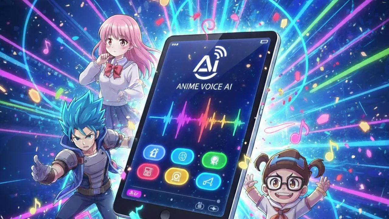 Vibrant promotional image featuring anime characters with pink, blue, and brown hair around a tablet displaying an "AI Anime Voice" app interface with colorful icons and sound waves, set against a dynamic neon background.