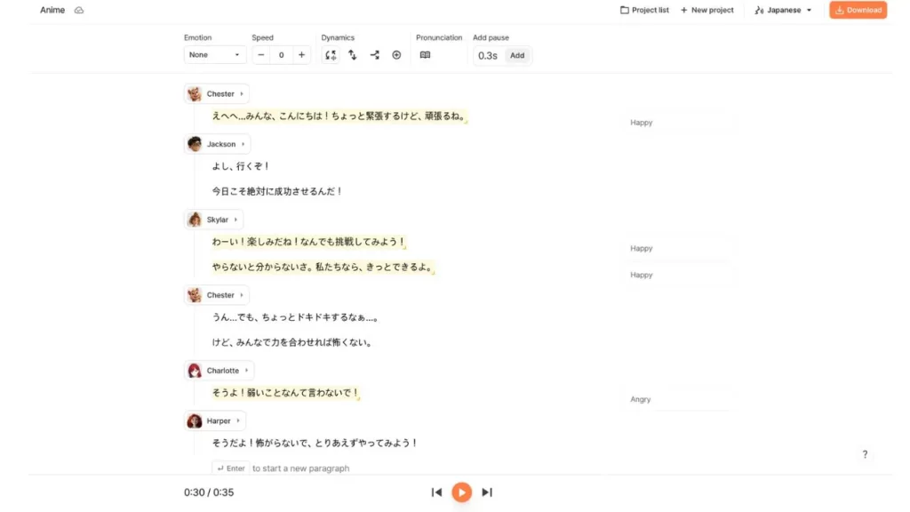 Screenshot of an anime voice text to speech online interface showing a chat with multiple users, including Chester, Jackson, Skylar, Charlotte, and Harper, typing in Japanese with emotion options like Happy and Angry, and a play button at the bottom.