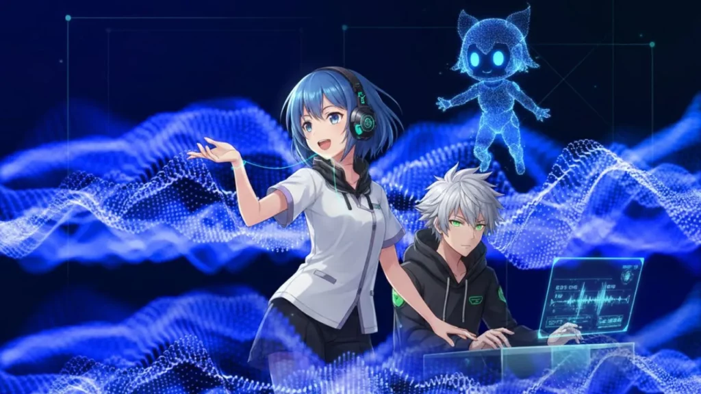 Futuristic anime-style image with a blue-haired character in a white outfit, a white-haired character at a holographic interface, and a glowing cat-like AI figure, surrounded by blue sound wave patterns on a dark background.