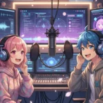 Anime characters recording in a high-tech studio with multiple monitors.