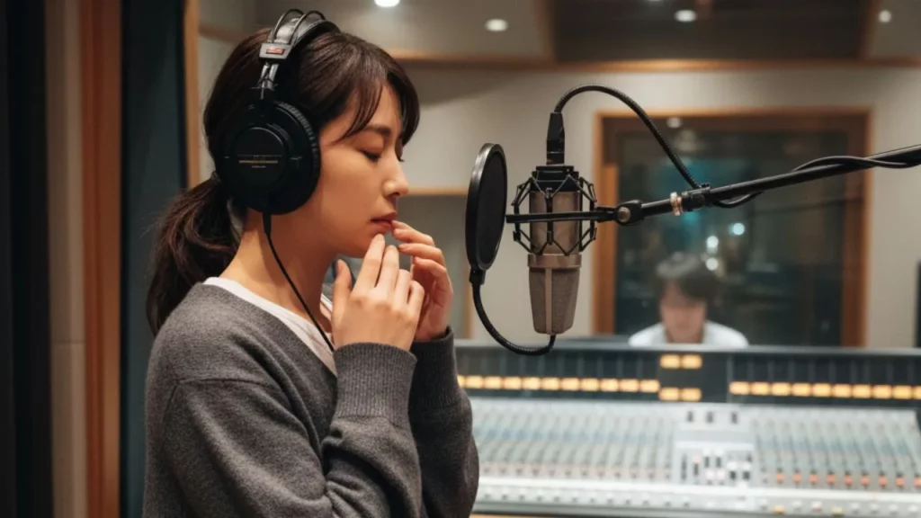 Real-life voice actor recording in a studio with headphones and microphone.