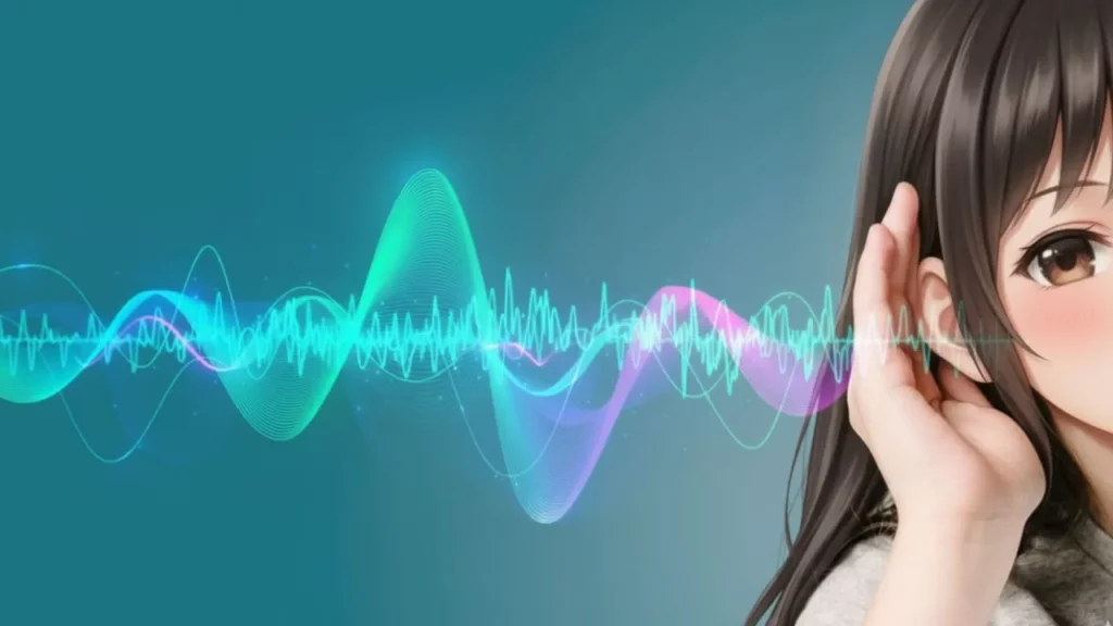Anime-style waveform graphic with a character listening to sound waves.