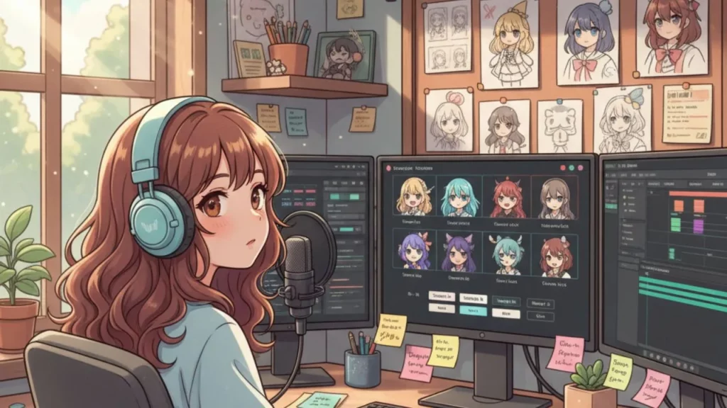 Anime-style workspace with a character editing voices on multiple screens.