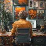 Artist working at a desk with colorful artwork displayed on the wall.
