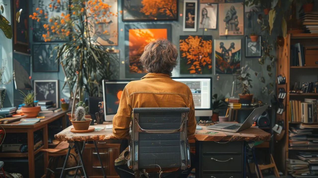 Artist working at a desk with colorful artwork displayed on the wall.