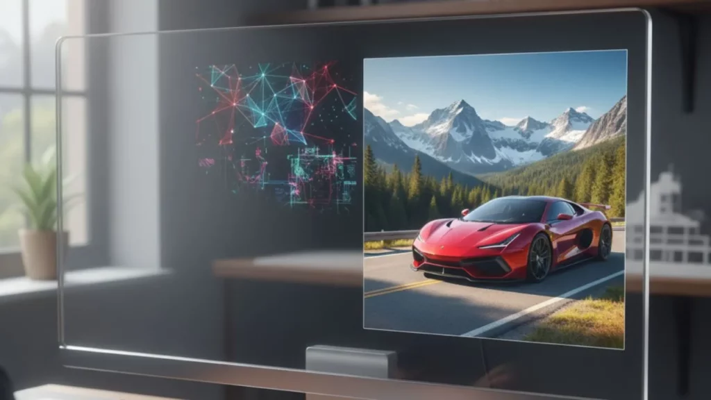 Computer monitor displaying a red sports car on a mountain road with a digital network overlay.