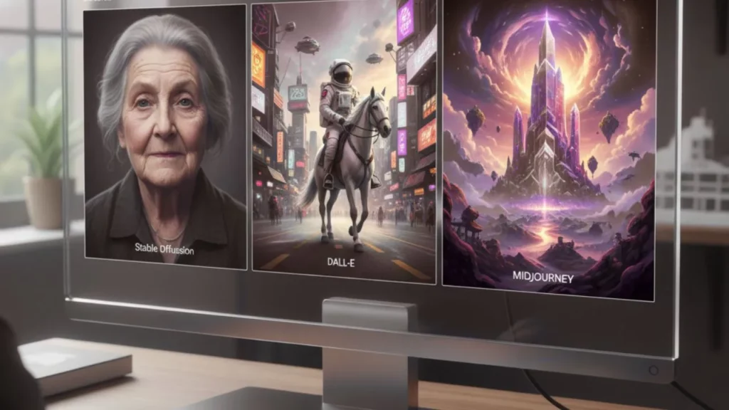 Computer screen showing AI-generated images from Stable Diffusion, DALL-E, and Midjourney.