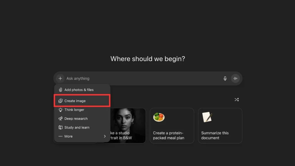 ChatGPT interface showing options to ask, add photos, create images, think longer, research, and study with sample tasks like creating a portrait or meal plan.
