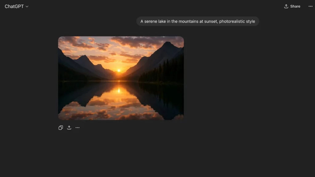 Photorealistic image of a serene lake in the mountains at sunset with reflections.