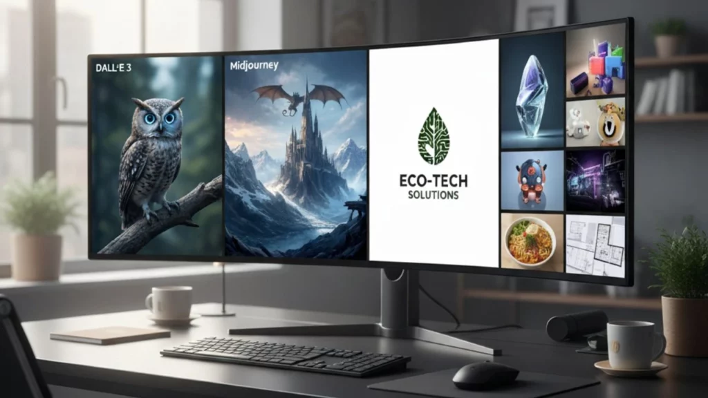 Multi-monitor setup displaying various AI-generated images including an owl, a dragon castle, and a logo.