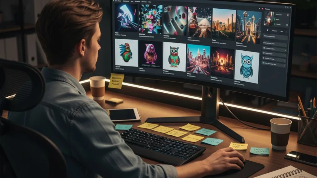Person working at a desk with a curved monitor showing multiple colorful AI-generated images.