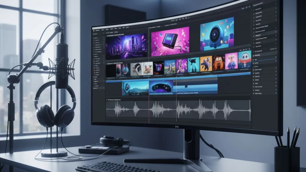 Workspace with a curved monitor displaying video editing software and audio waveforms, equipped with a microphone and headphones.