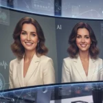 Dual AI-generated images of a woman on a futuristic screen.