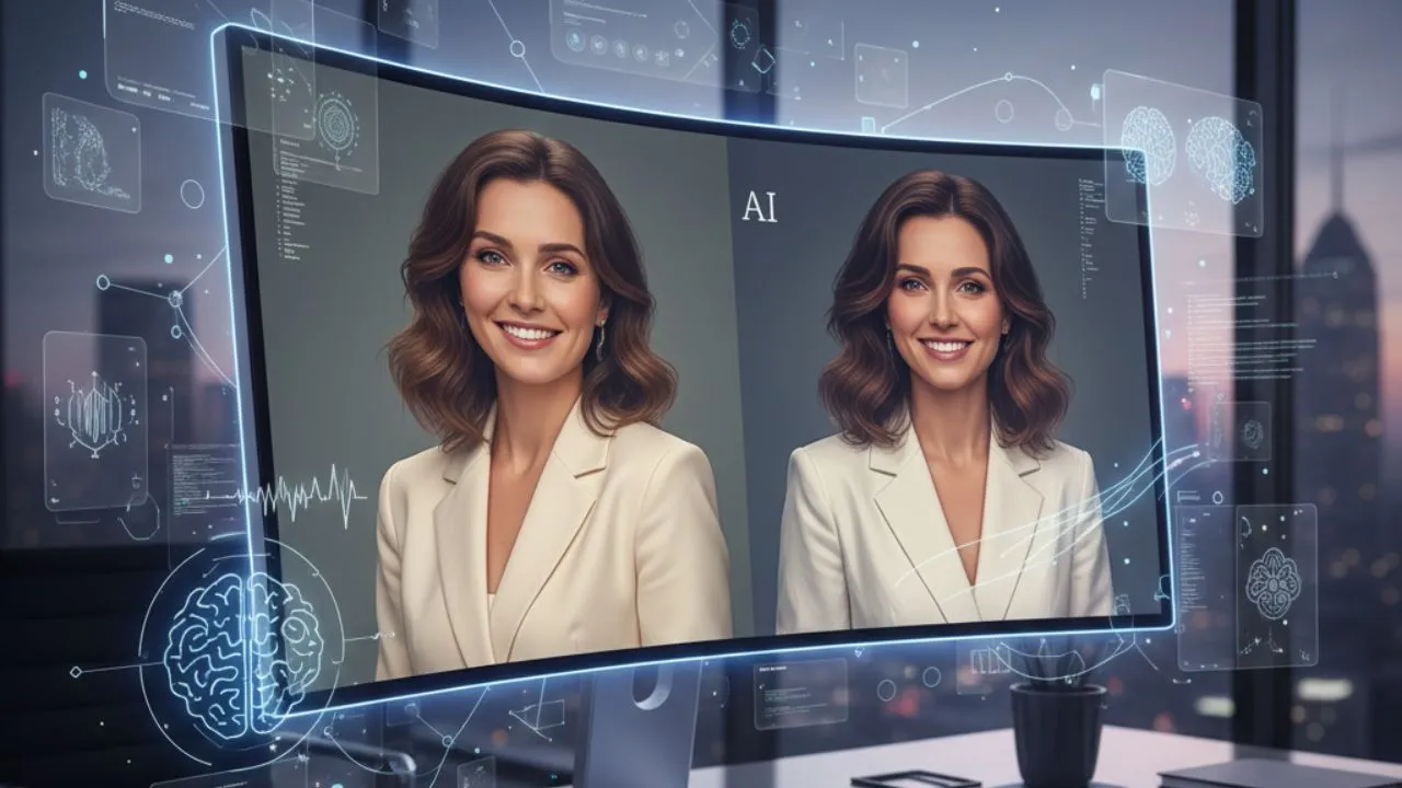 Dual AI-generated images of a woman on a futuristic screen.
