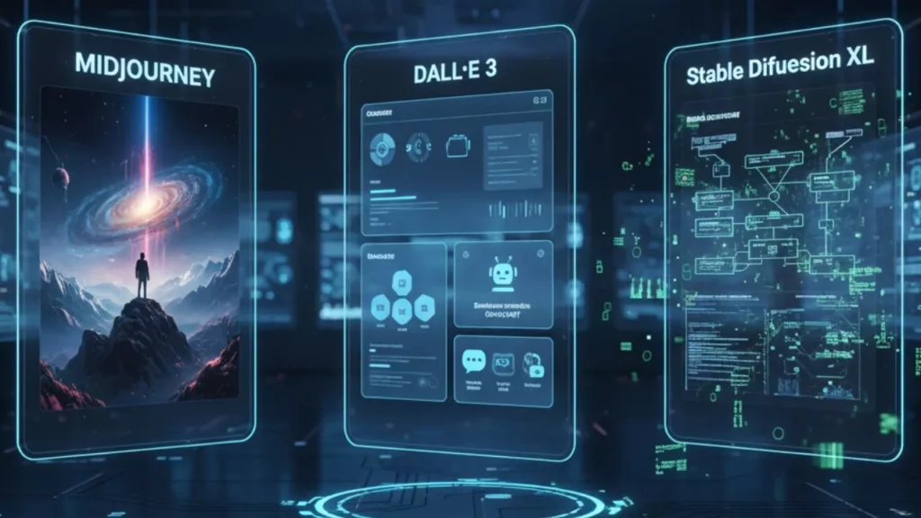 Holographic displays comparing Midjourney, DALL-E 3, and Stable Diffusion XL.