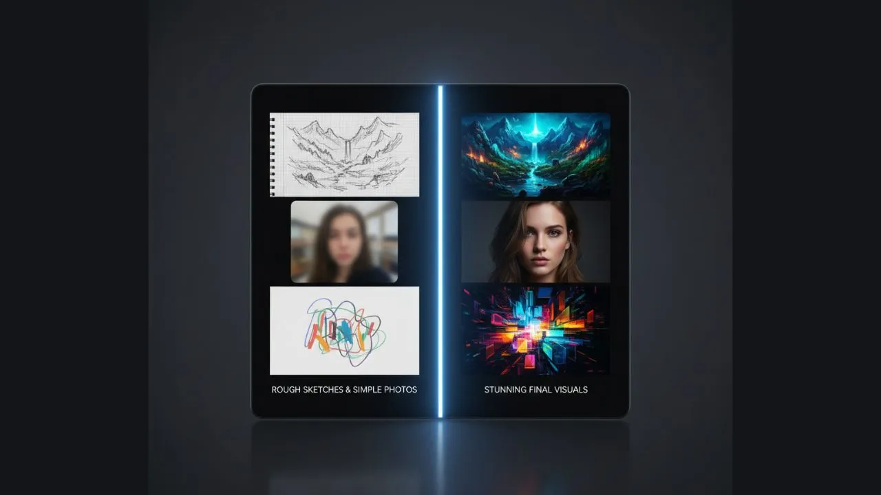 Split-screen display showing rough sketches and simple photos on the left, and stunning final visuals on the right.