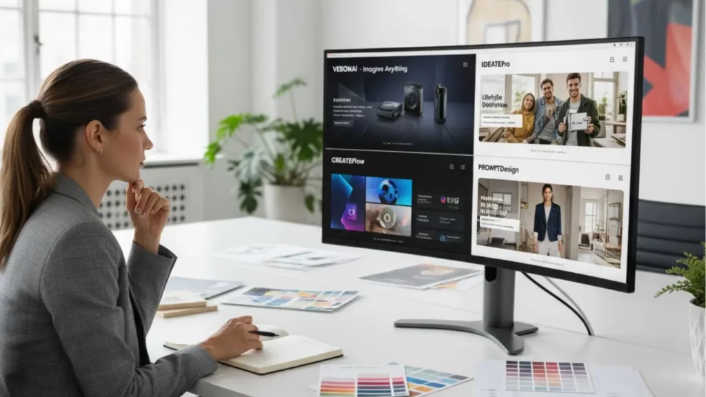 A person at a desk with a dual-monitor setup showing various design and product pages.