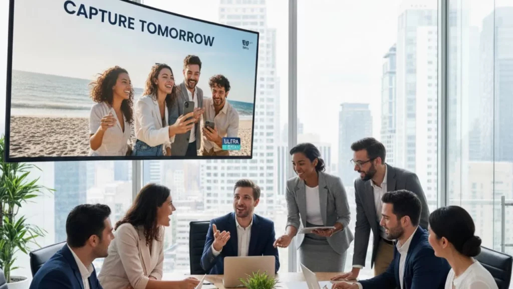 A group of professionals in a meeting room with a screen displaying a "Capture Tomorrow" image.