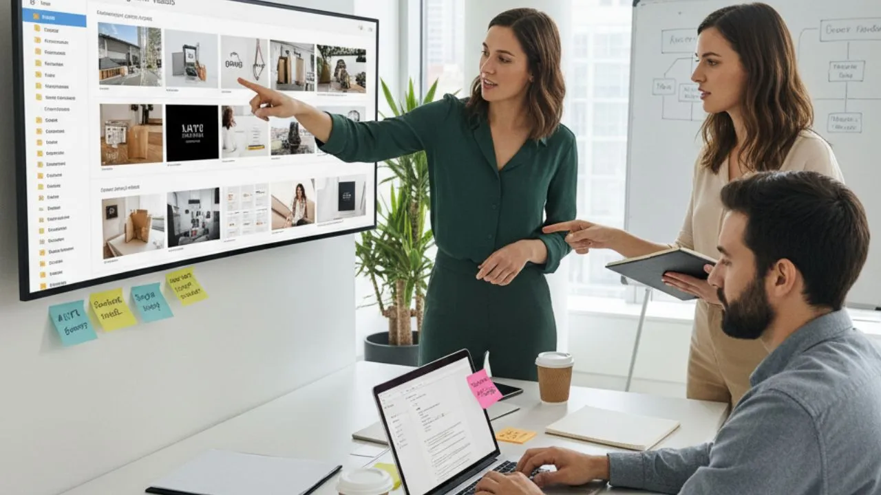 A group of people collaborating in a meeting, pointing at a large screen with design images.