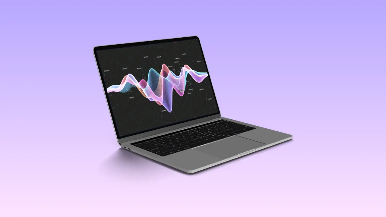 A laptop with an audio waveform shape on its' screen.
