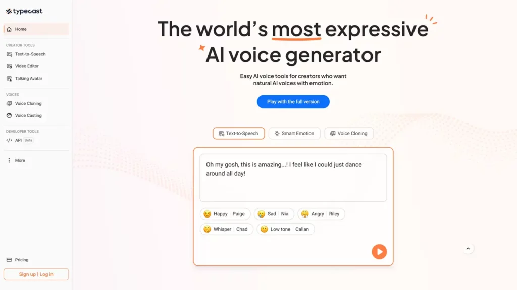 Typecast AI home page.