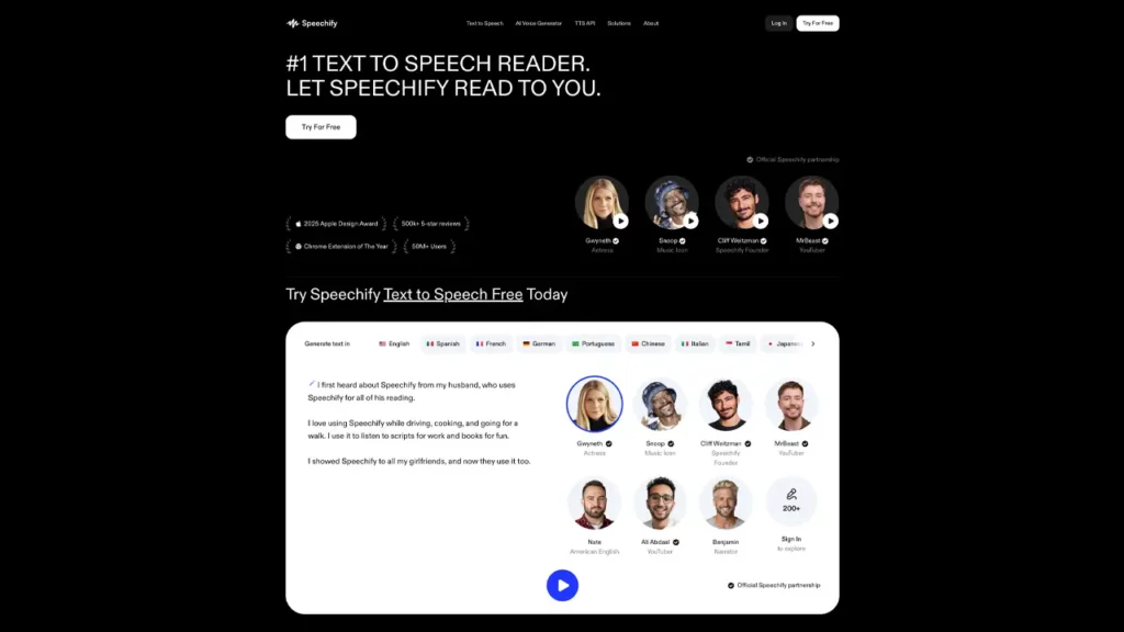 Speechify home page.
