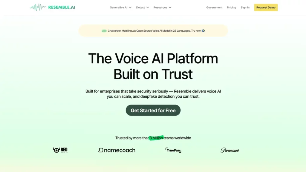 Resemble AI home page.