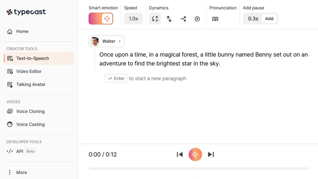 Typecast AI voice generator editor.