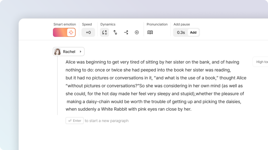 Typecast AI Text-to-Speech editor using the Smart emotion feature to add emotion to a paragraph.