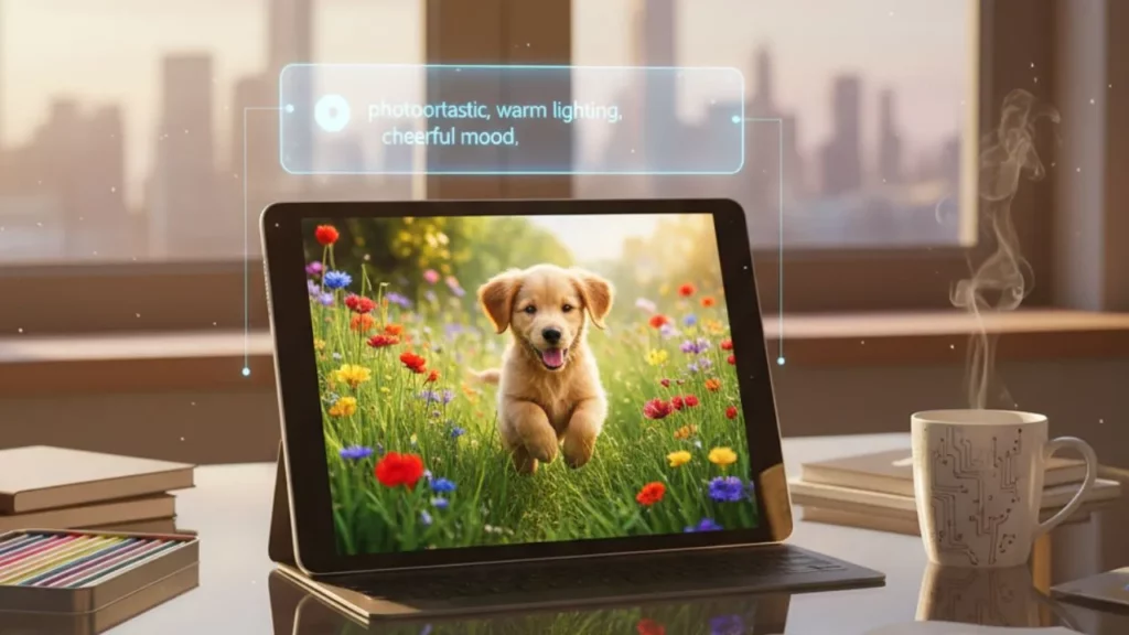 Tablet displaying a cheerful puppy in a flower field on a desk.