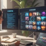 Woman using multiple monitors labeled AI Writer, AI Designer, and AI Video Editor.