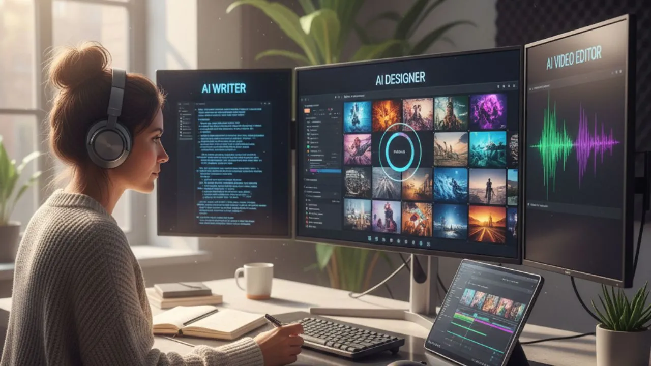 Woman using multiple monitors labeled AI Writer, AI Designer, and AI Video Editor.