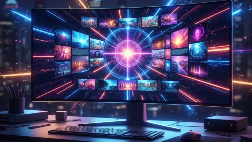 Futuristic monitor displaying vibrant AI-generated images with a glowing central hub.