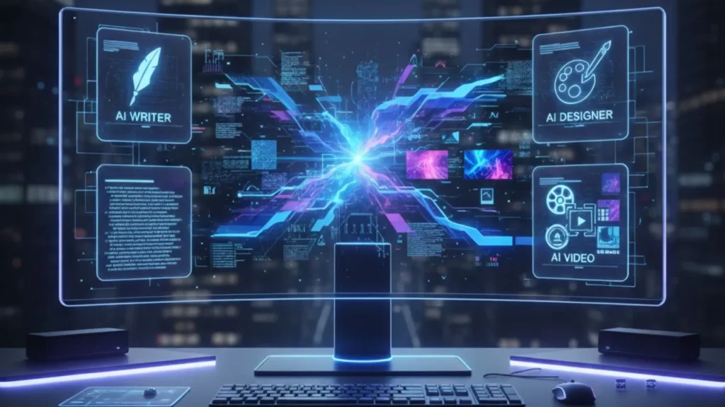 Holographic display showing AI Writer, AI Designer, and AI Video Editor interfaces.