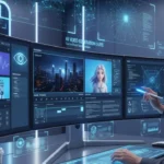 Futuristic workspace with a man using a stylus on multi-monitor setup displaying AI video generation interface.