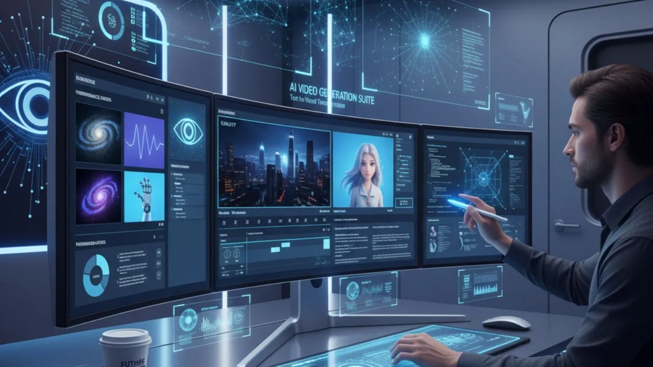 Futuristic workspace with a man using a stylus on multi-monitor setup displaying AI video generation interface.