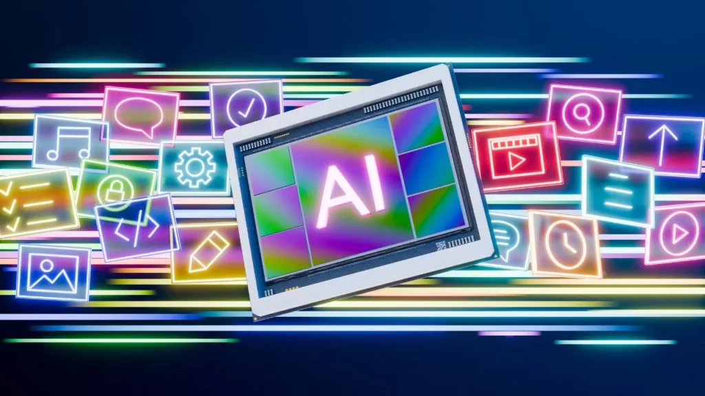 Vibrant digital display with "AI" text surrounded by colorful icons and dynamic light streaks.