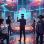 A group of people in a high-tech environment using VR headsets and interacting with holographic nature scenes and digital interfaces.