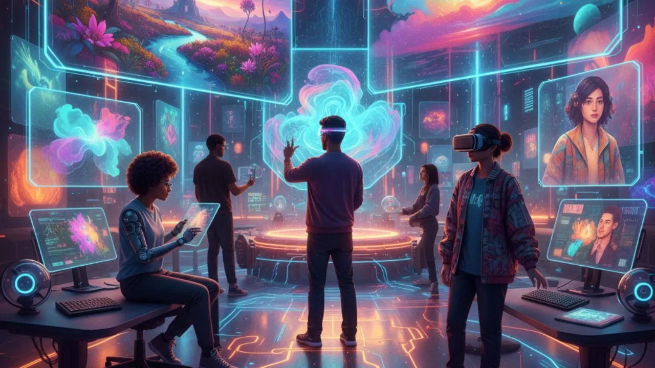 A group of people in a high-tech environment using VR headsets and interacting with holographic nature scenes and digital interfaces.